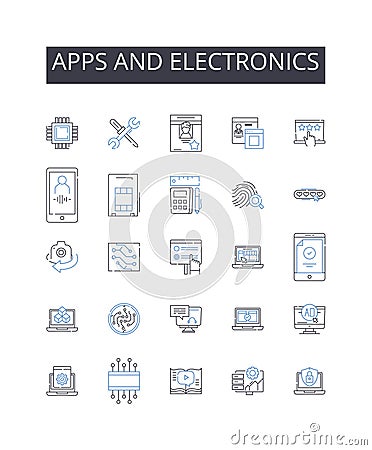 Apps and electronics line icons collection. Computers and devices, Vehicles and transportation, Clothing and apparel Vector Illustration