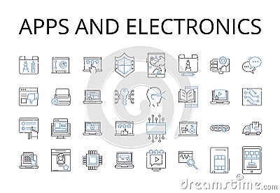 Apps and electronics line icons collection. Computers and devices, Vehicles and transportation, Clothing and apparel Vector Illustration