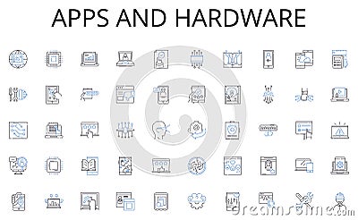 Apps and hardware line icons collection. Robotics, Automation, Machine learning, Virtual reality, Augmented reality Vector Illustration