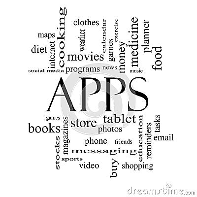 Apps Word Cloud Concept in black and white Stock Photo