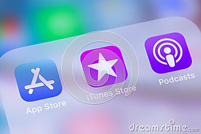 AppStore iTunes Store Podcasts icon app on the screen iPhone Editorial Stock Photo