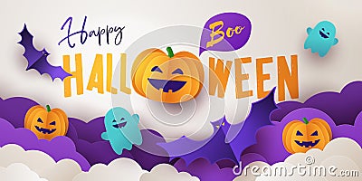 Happy Halloween greeting banner or party invitation with Holiday calligraphy, clouds, pumpkins, bats and cute ghosts Vector Illustration