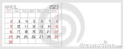april calendar 2023 led digital dot metrix font. desktop calendar with blank back page. week start on sunday Vector Illustration