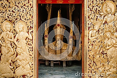 Royal carriage and Funeral Urn golden casket at Wat Xieng thong. Luang Prabang, Laos Editorial Stock Photo