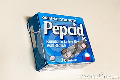 Apr 27, 2020 Sunnyvale / CA / USA - Two Pepcid pills placed on an opened box; Pepcid is one of the brand name under which Editorial Stock Photo