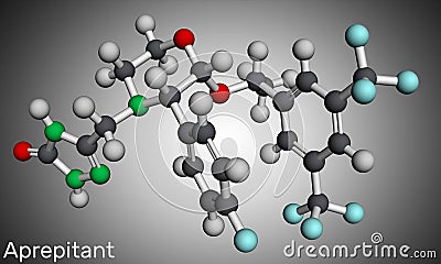 Aprepitant drug molecule. It is used to treat nausea and vomiting caused by chemotherapy and surgery. Molecular model. 3D Stock Photo