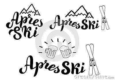 Apres ski typography logo set. Mountain resort banner, poster. Apres ski bar leaflet. Vector Illustration