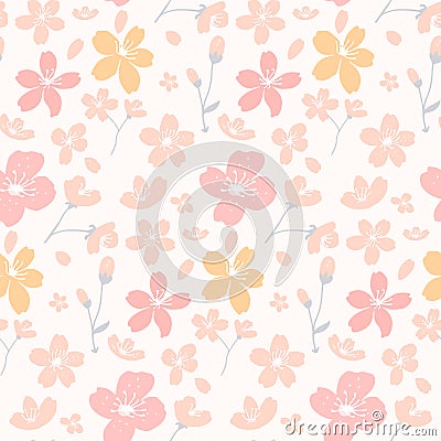 Apricot and cherry blossom pattern, seamless ditsy texture for fabric and paper. Vector spring white background. Vector Illustration