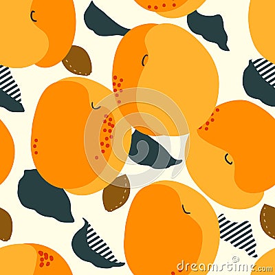 Apricot fruits seamless pattern. Fresh apricots, leaves, stones Vector Illustration