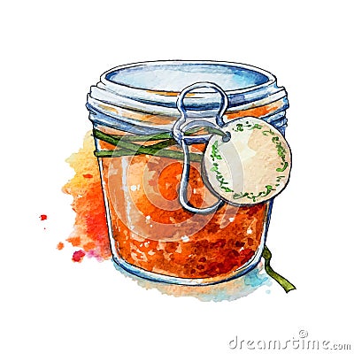 Apricot jam. Honey. Mason jar. Watercolor. Hand painted. Vector Illustration