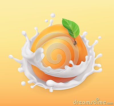 Apricot and milk splash. Fruit and yogurt. 3d vector icon Vector Illustration
