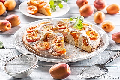 Apricot pie on a white plate, apricots, mint and powdered sugar on the kitchen table Stock Photo