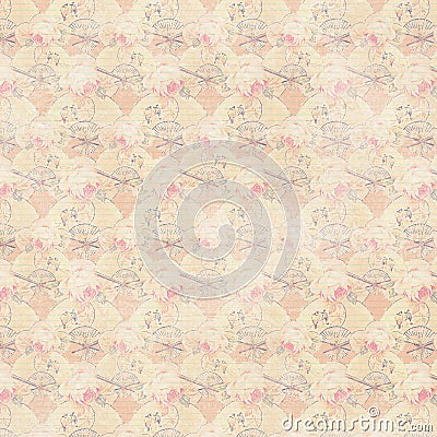 Apricot pink antique wreath roses and fans repeat background Stock Photo