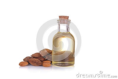 Apricot seed oil next to apricot bones on a white isolated background Stock Photo