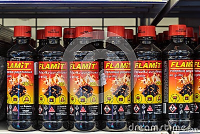 April 12, 2021 Balti, Moldova goods on the market shelf. Illustrative editorial. Fire starter Editorial Stock Photo