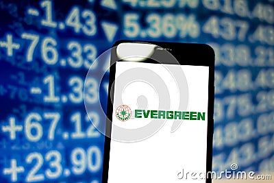 April 16, 2019, Brazil. Evergreen Marine logo on the mobile device. Editorial Stock Photo