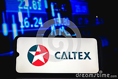 April 18, 2021, Brazil. In this photo illustration the Caltex logo seen displayed on a smartphone screen Cartoon Illustration