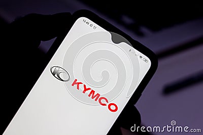 April 17, 2021, Brazil. In this photo illustration the KYMCO Kwang Yang Motor Company logo seen displayed on a smartphone screen Cartoon Illustration