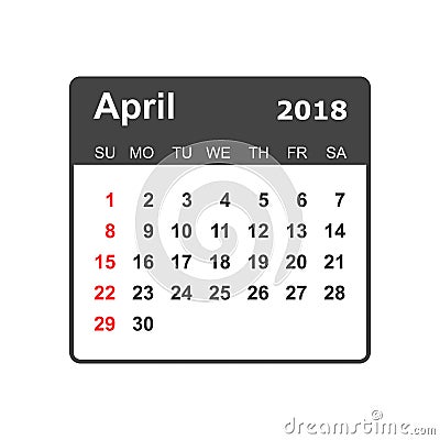 April 2018 calendar. Calendar planner design template. Week star Vector Illustration