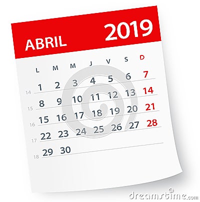 April 2019 Calendar Leaf - Vector Illustration. Spanish version Stock Photo