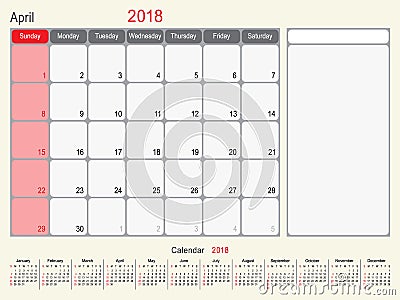 April 2018 Calendar Planner Design Vector Illustration