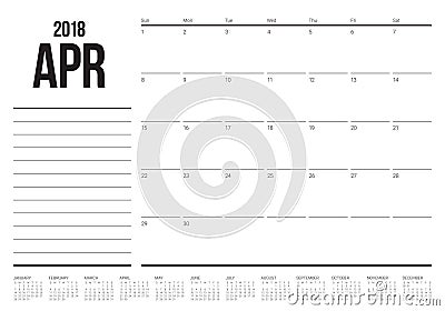 April 2018 calendar planner vector illustration Vector Illustration