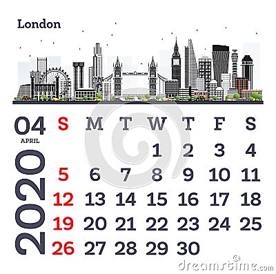 April 2020 Calendar Template with London City Skyline Stock Photo