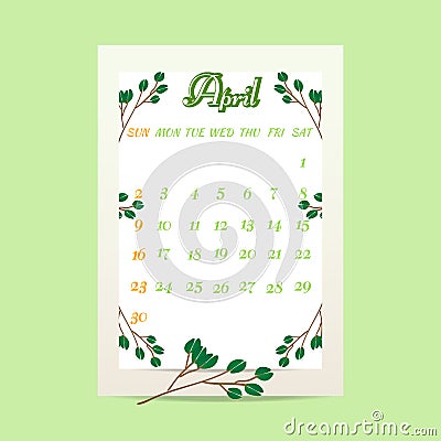 April 2017 calendar with tree branches on green background Vector Illustration