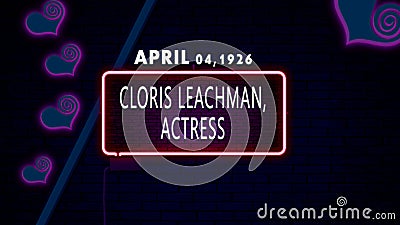 April 04, 1926 - Cloris Leachman, actress, brithday noen text effect on bricks background Stock Photo