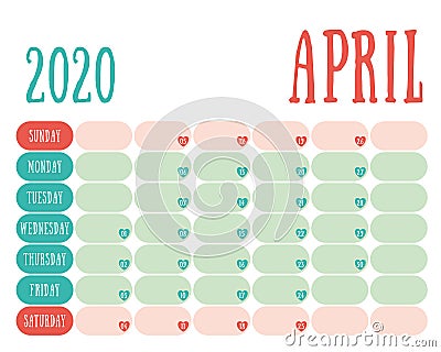 April 2020 diary. Calendar. Cute trend design. New year planner. English calender. Green and red color vector template. Notebook Vector Illustration