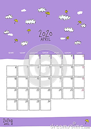 April 2020 doodle wall calendar Vector Illustration