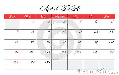 April 2024 ENGLISH month calendar. Vector printable illustration. Monthly planning for business events Vector Illustration