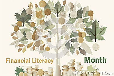 April is financial literacy month background design with a profit tree illustration. Money Tree. Financial Literacy Month Cartoon Illustration