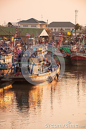 APRIL 11,2016 - Fishing vessels in Mahachai estuary fishing village in evening, Samutprakarn, Thailand Editorial Stock Photo