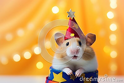 funny hamster in a clown hat, circus performer, big smile and laughter Stock Photo