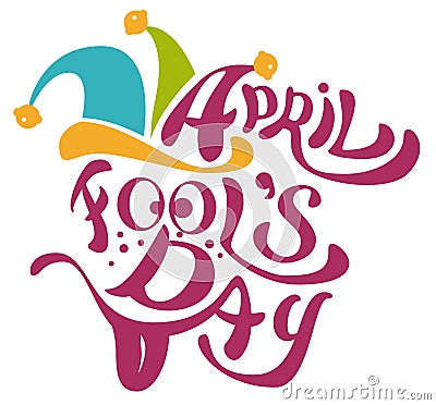 1 April Fools Day. Clowns cap with bells. April Fools Day lettering text for greeting card Vector Illustration