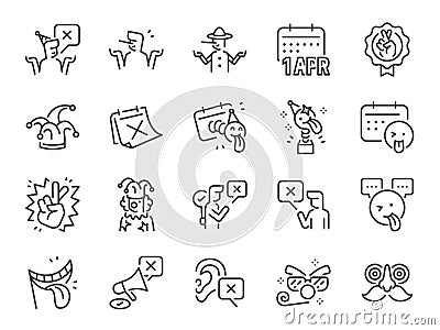 April Fools' Day icon set. It includes fools, clown, prank, lie, joke, and more icons. Editable Vector Stroke. Vector Illustration