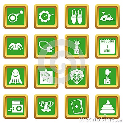 April fools day icons set green Vector Illustration