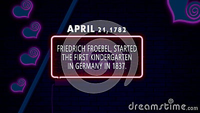 April 21, 1782 - Friedrich Froebel, started the first Kindergarten in Germany in 1837., brithday noen text effect on bricks Stock Photo