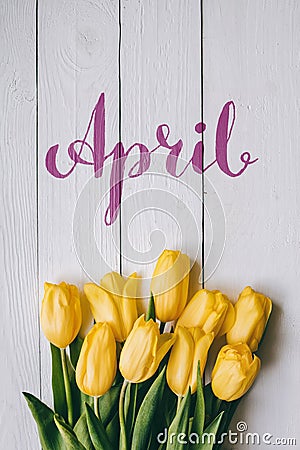 April hand lettering calligraphy. Yellow tulips bunch on white wooden planks rustic barn rural table background. Letters, Stock Photo