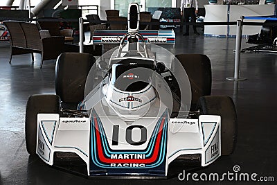 21 April 2018: Historic F1 Cars Brabham BT44 and BT45 sponsorized by Martini Racing exposed at Motor Legend Festival 2018 at Imola Editorial Stock Photo