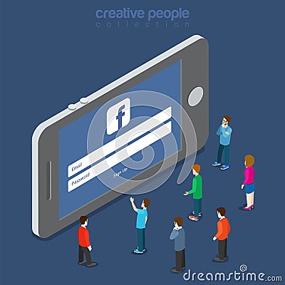 April 3, 2016 login to facebook flat smartphone vector 3d Vector Illustration