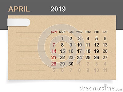 April 2019 - Monthly calendar on brown paper and wood background with area for note. Vector Illustration