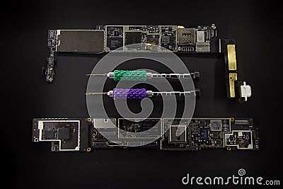 April 27, 2017, Moscow: close-up of the board, processor or disk of a phone, smartphone, laptop or tablet Editorial Stock Photo