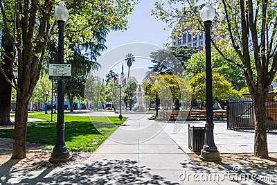 April 14, 2018 Sacramento / CA / USA - Pave Alley and water fountain in Cesar Chavez Plaza Editorial Stock Photo