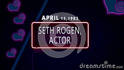 April 15, 1982 - Seth Rogen, actor, brithday noen text effect on bricks background Stock Photo