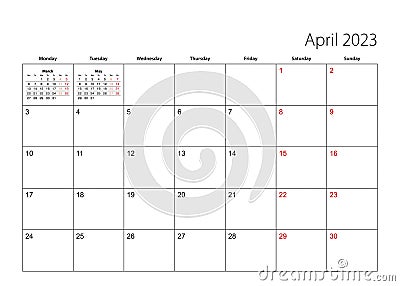 April 2023 simple calendar planner, week starts from Monday Vector Illustration