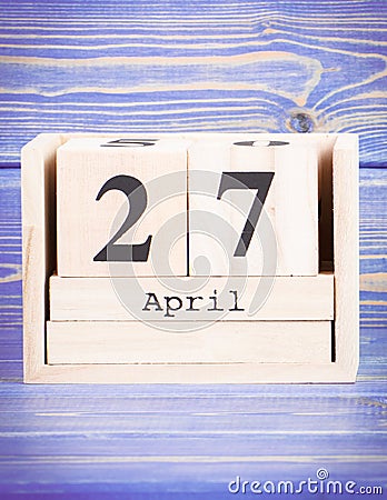 April 27th. Date of 27 April on wooden cube calendar Stock Photo