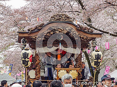 2016 April 10. Tokyo Japan. A japanese traditional music show with enjoy people at Hamura city Cherry blossom sakura festival Editorial Stock Photo