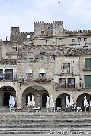 April 2, 2021 in Trujillo, Spain. Stone houses in the main square of Trujillo where the statue of Francisco Pizarro is Stock Photo